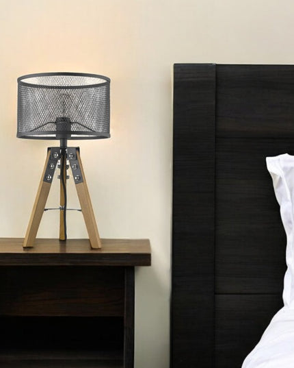 20" Brown Solid Wood Tripod Table Lamp With Black Drum Shade