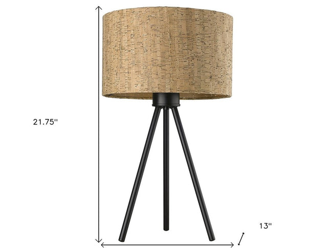 22" Black Metal Tripod Table Lamp With Beige Drum Shade