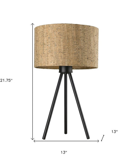 22" Black Metal Tripod Table Lamp With Beige Drum Shade