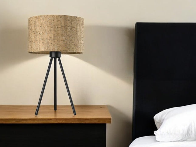 22" Black Metal Tripod Table Lamp With Beige Drum Shade