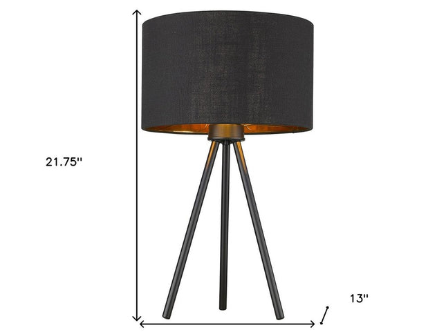 22" Black Metal Tripod Table Lamp With Black Drum Shade