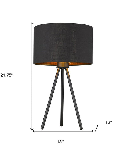 22" Black Metal Tripod Table Lamp With Black Drum Shade