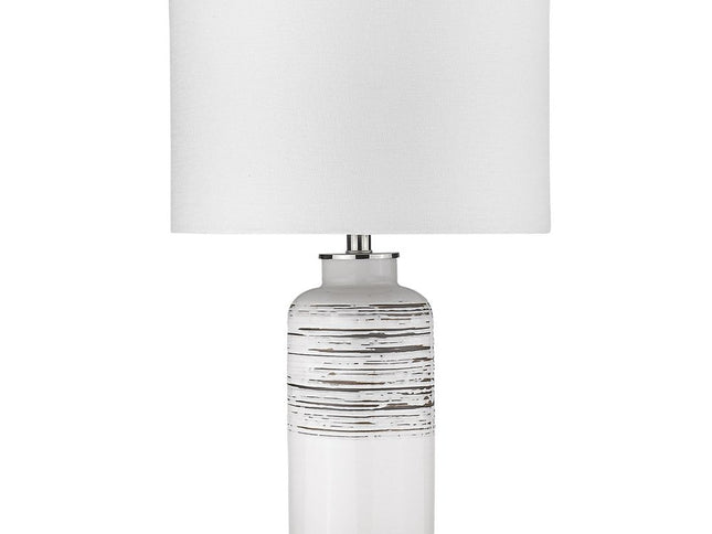 25" Black and White Ceramic Column Lamp With White Drum Shade