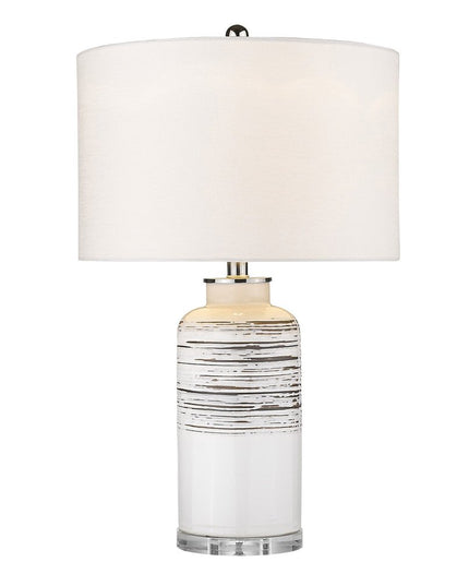 25" Black and White Ceramic Column Lamp With White Drum Shade