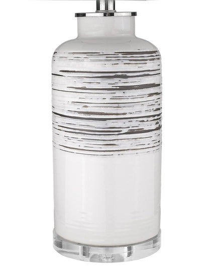 25" Black and White Ceramic Column Lamp With White Drum Shade