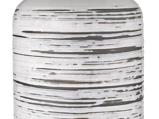 25" Black and White Ceramic Column Lamp With White Drum Shade