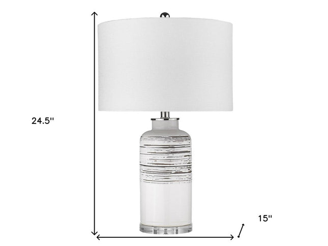 25" Black and White Ceramic Column Lamp With White Drum Shade