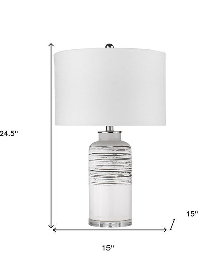 25" Black and White Ceramic Column Lamp With White Drum Shade