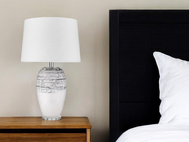 25" Black and White Ceramic Column Lamp With White Drum Shade