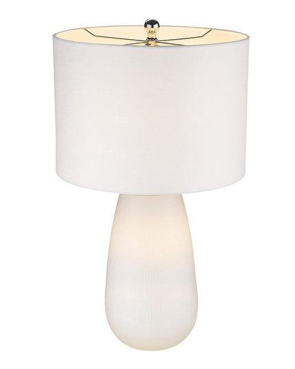 28" White Glass Table Lamp With White Drum Shade
