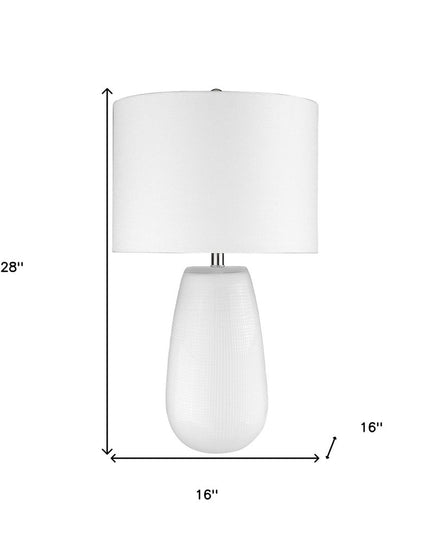 28" White Glass Table Lamp With White Drum Shade