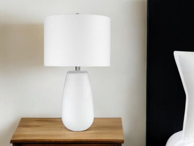 28" White Glass Table Lamp With White Drum Shade