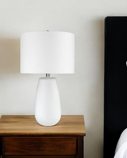 28" White Glass Table Lamp With White Drum Shade