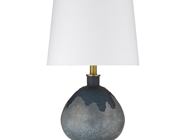 22" Teal Blue Concrete Gourd Table Lamp With Cream Empire Shade