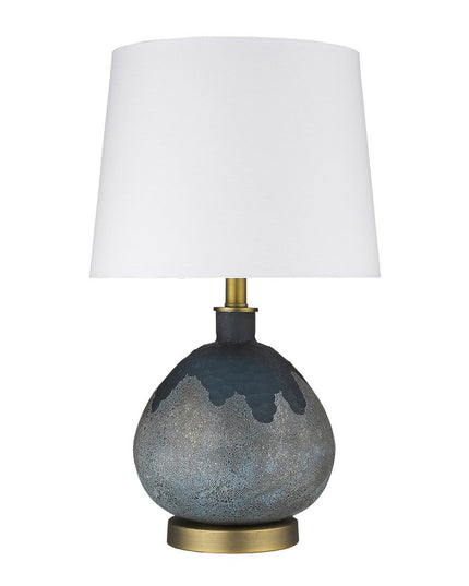 22" Teal Blue Concrete Gourd Table Lamp With Cream Empire Shade