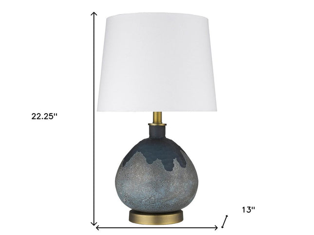 22" Teal Blue Concrete Gourd Table Lamp With Cream Empire Shade