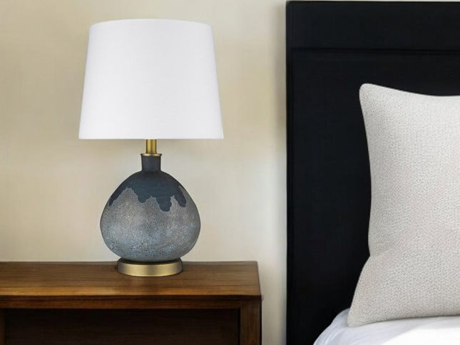 22" Teal Blue Concrete Gourd Table Lamp With Cream Empire Shade