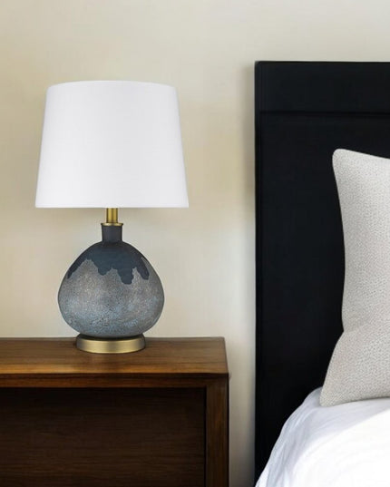 22" Teal Blue Concrete Gourd Table Lamp With Cream Empire Shade