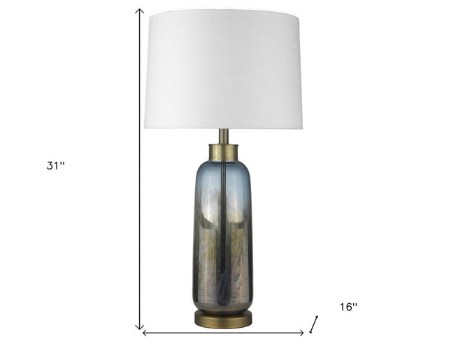 31" Steel Blue Glass Table Lamp With White Empire Shade