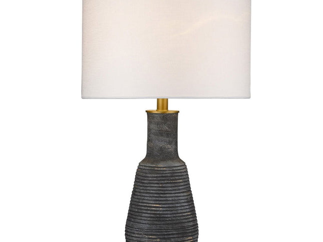 26" Distressed Black and Gold Ceramic Table Lamp With White Drum Shade