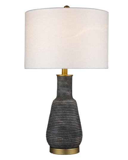 26" Distressed Black and Gold Ceramic Table Lamp With White Drum Shade