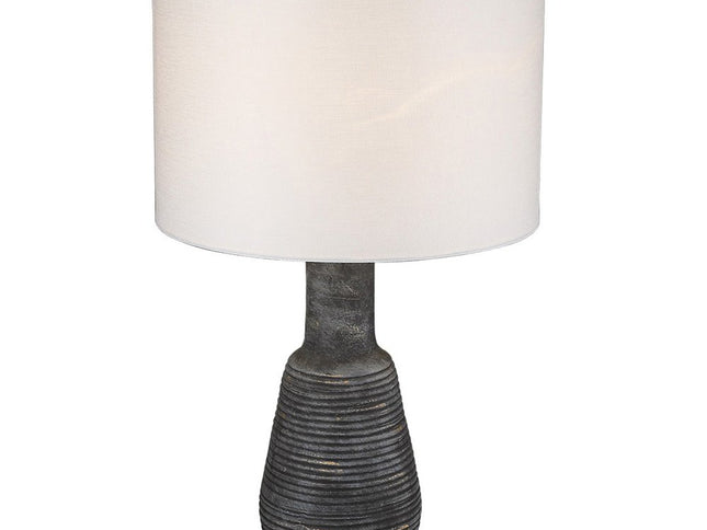 26" Distressed Black and Gold Ceramic Table Lamp With White Drum Shade