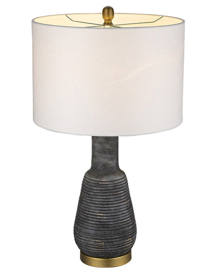 26" Distressed Black and Gold Ceramic Table Lamp With White Drum Shade