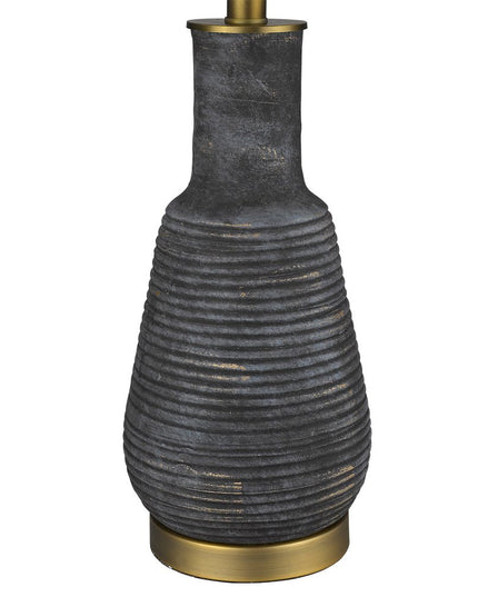 26" Distressed Black and Gold Ceramic Table Lamp With White Drum Shade