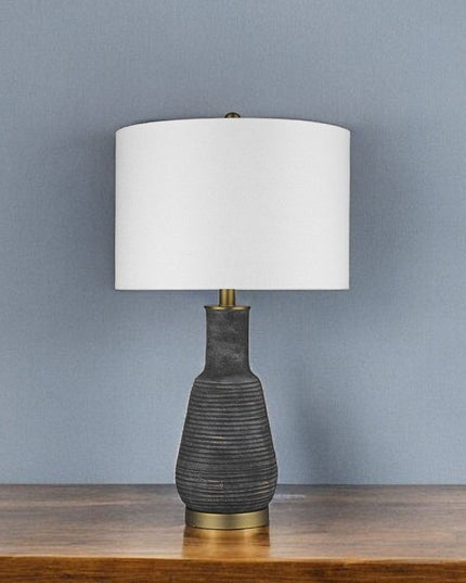 26" Distressed Black and Gold Ceramic Table Lamp With White Drum Shade