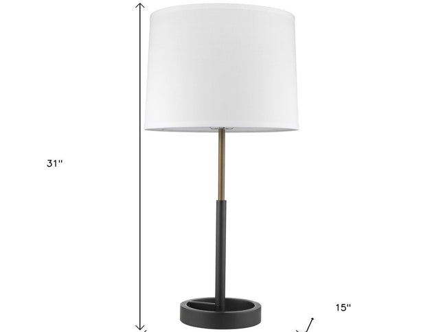 31" Black and Gold Metal Table Lamp With White Empire Shade