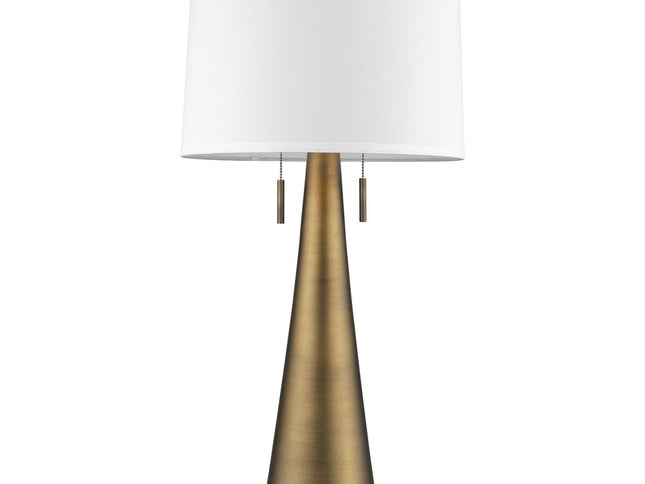 34" Brass Metal Two Light Table Lamp With White Empire Shade