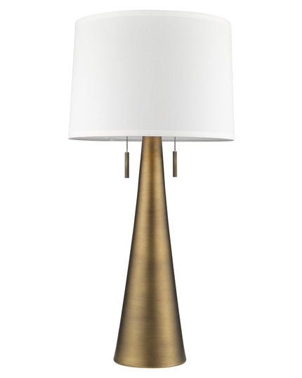 34" Brass Metal Two Light Table Lamp With White Empire Shade