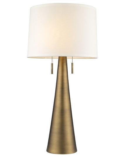 34" Brass Metal Two Light Table Lamp With White Empire Shade