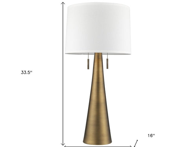 34" Brass Metal Two Light Table Lamp With White Empire Shade