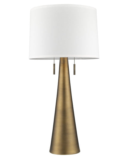 34" Brass Metal Two Light Table Lamp With White Empire Shade