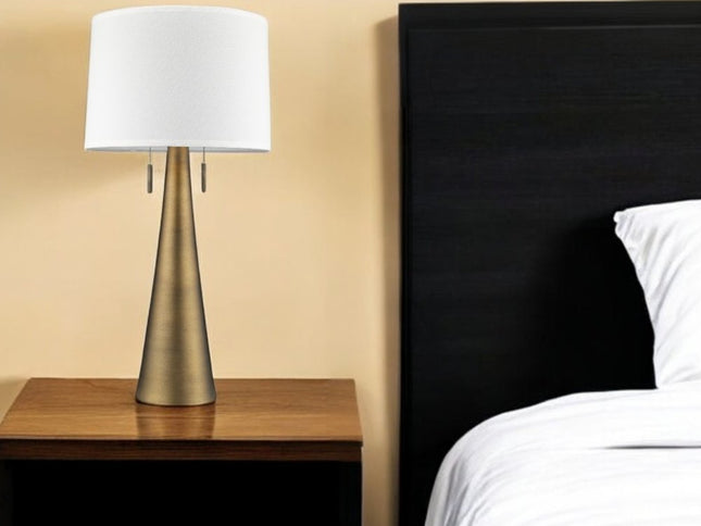 34" Brass Metal Two Light Table Lamp With White Empire Shade