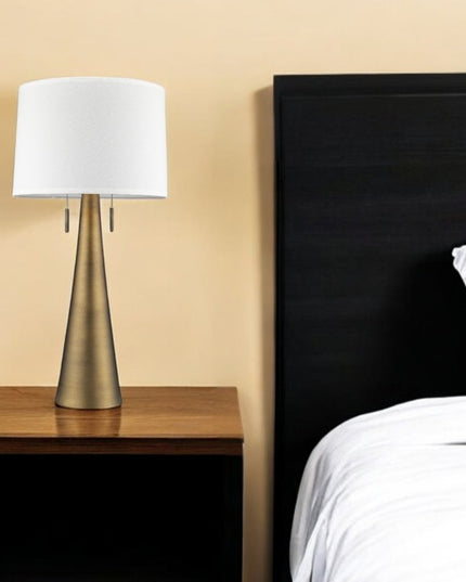 34" Brass Metal Two Light Table Lamp With White Empire Shade