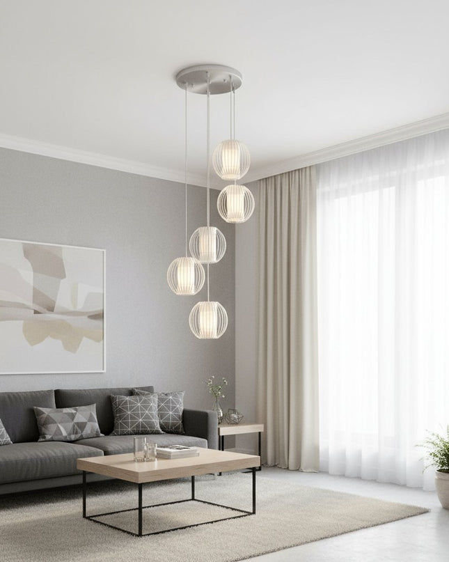 Five Light Acrylic and Steel Shade Hanging Globe Light