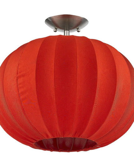 Shanghai 1-Light Brushed Nickel Pendant With Sheer Red Ribbon Shade