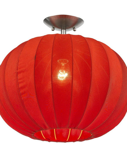 Shanghai 1-Light Brushed Nickel Pendant With Sheer Red Ribbon Shade