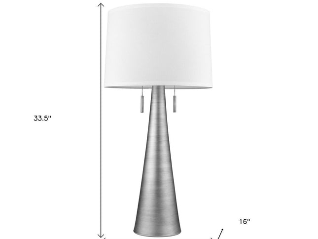 34" Silver Metal Two Light Table Lamp With White Empire Shade
