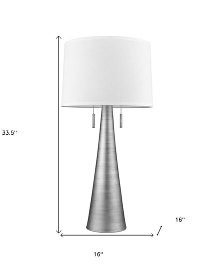 34" Silver Metal Two Light Table Lamp With White Empire Shade