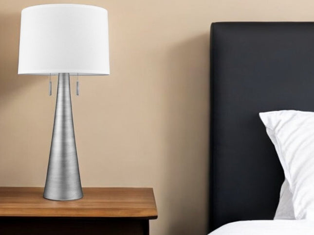 34" Silver Metal Two Light Table Lamp With White Empire Shade