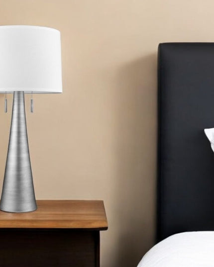 34" Silver Metal Two Light Table Lamp With White Empire Shade