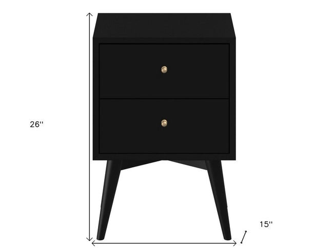 26" Black Solid Wood Two Drawer Nightstand