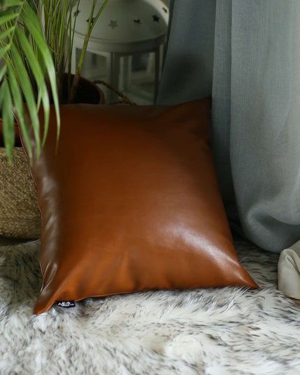Solid Rustic Brown Faux Leather Throw Pillow