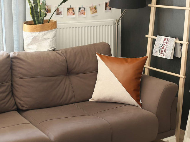 Slanted White and Brown Faux Leather Throw Pillow