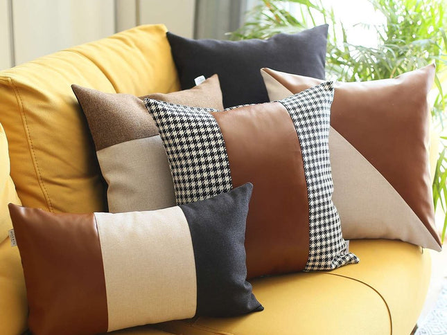 Slanted White and Brown Faux Leather Throw Pillow