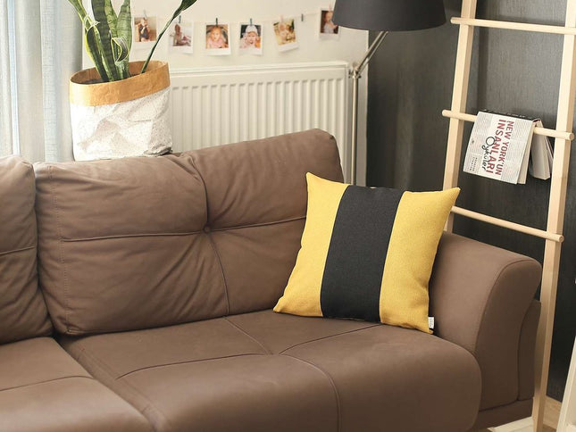 Yellow and Black Centered Strap Throw Pillow