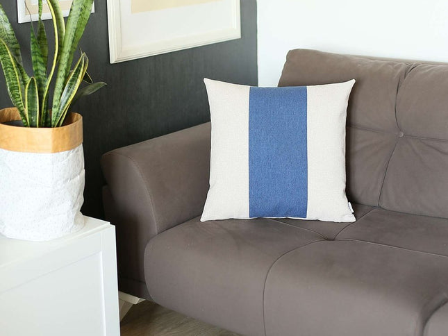 White and Blue Centered Strap Throw Pillow